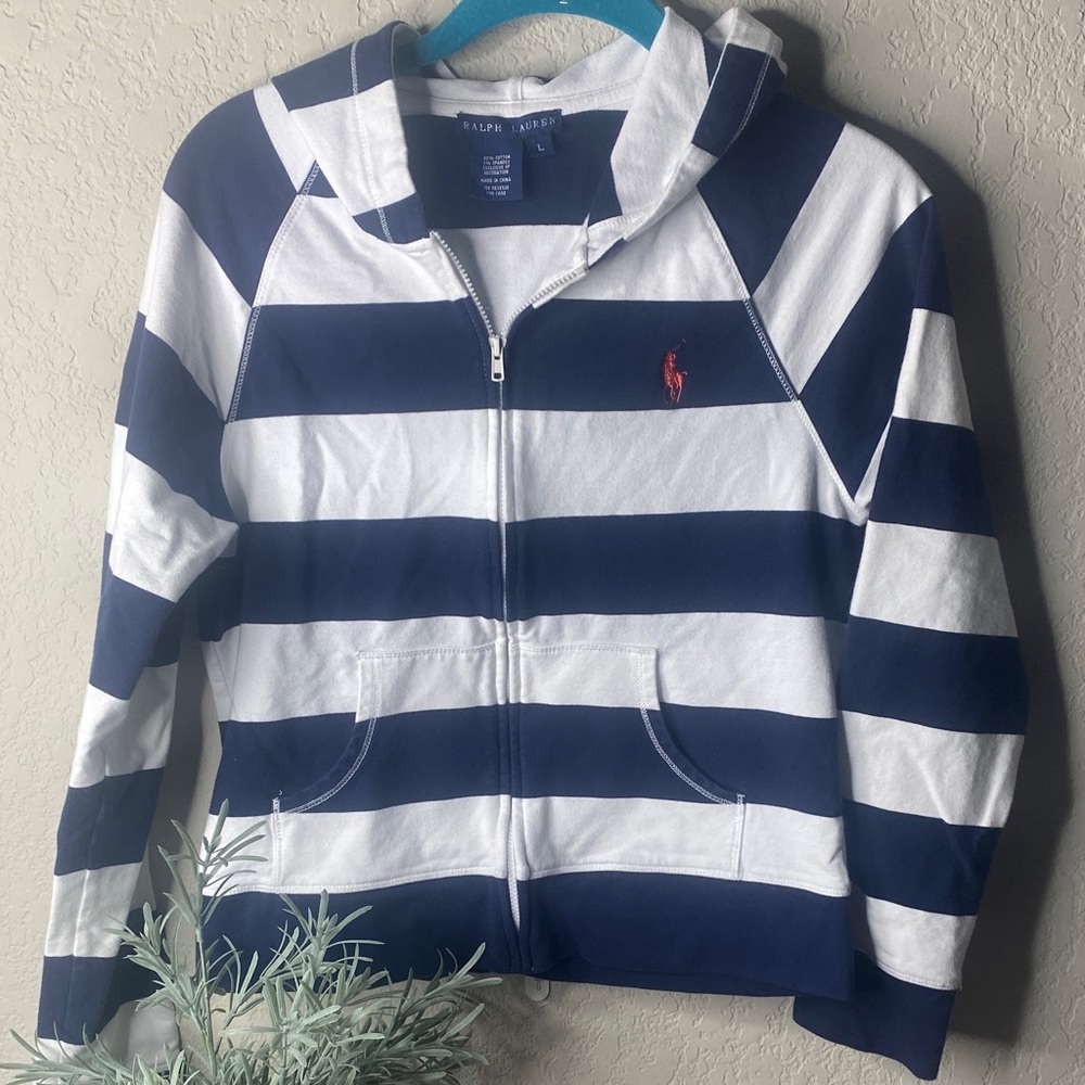 Ralph Lauren Kids Navy & White Striped Zip-Up Hoodie with Pink Horse Polo Logo